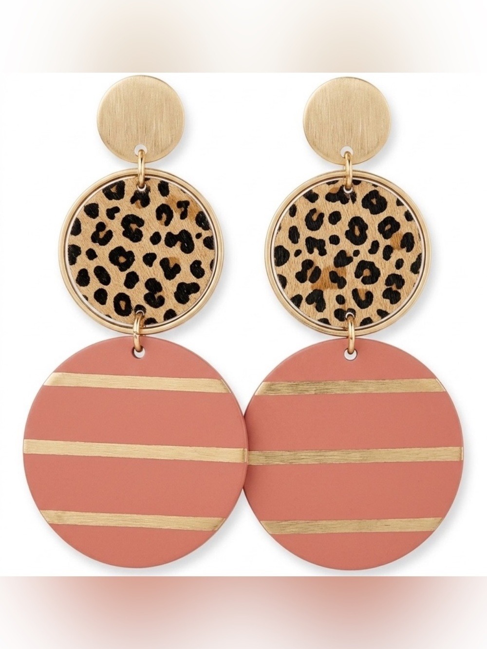 Plunder Ayana Gold Disc, Leopard & Pink Stripe Earrings and 6 Bracelet Set - NIB - Picture 2 of 12